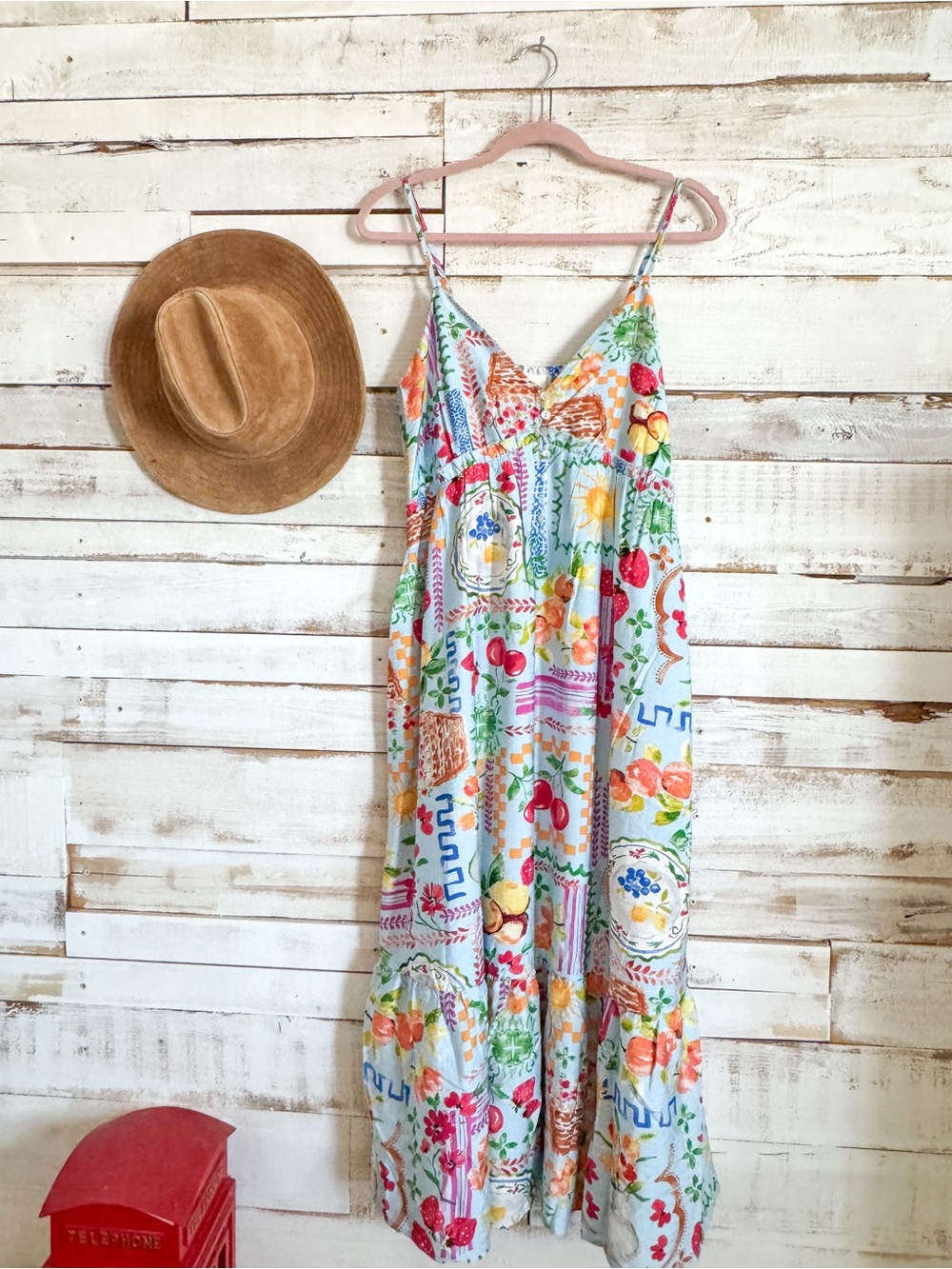 Very J Light Blue Floral & Fruit Print Sundress